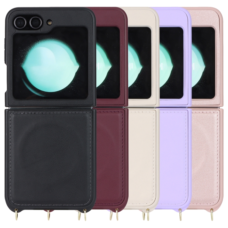 For Samsung Galaxy Z Flip5 5G Crossbody R20 Texture Leather Magsafe Phone Case(Black) For Samsung Galaxy Z Flip5 5G Crossbody R20 Texture Leather Magsafe Phone Case(Black)