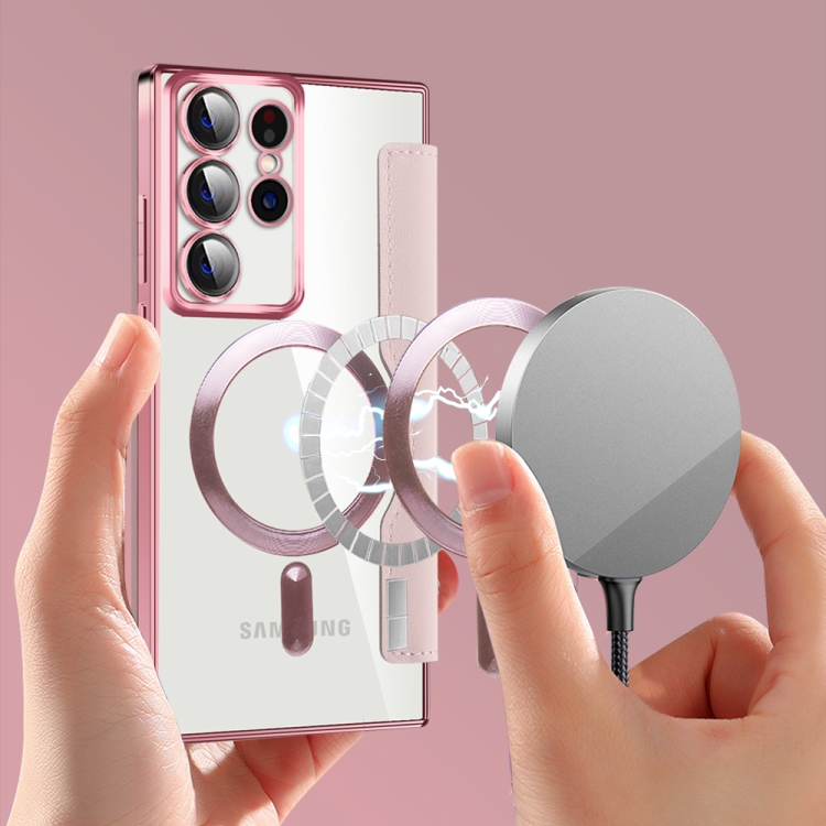 For Samsung Galaxy S22 Ultra 5G Shield MagSafe RFID Anti-theft Leather Phone Case(Pink)