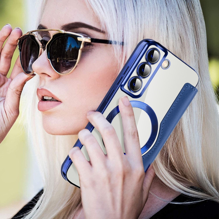 For Samsung Galaxy S22 5G Shield MagSafe RFID Anti-theft Leather Phone Case(Dark Blue)