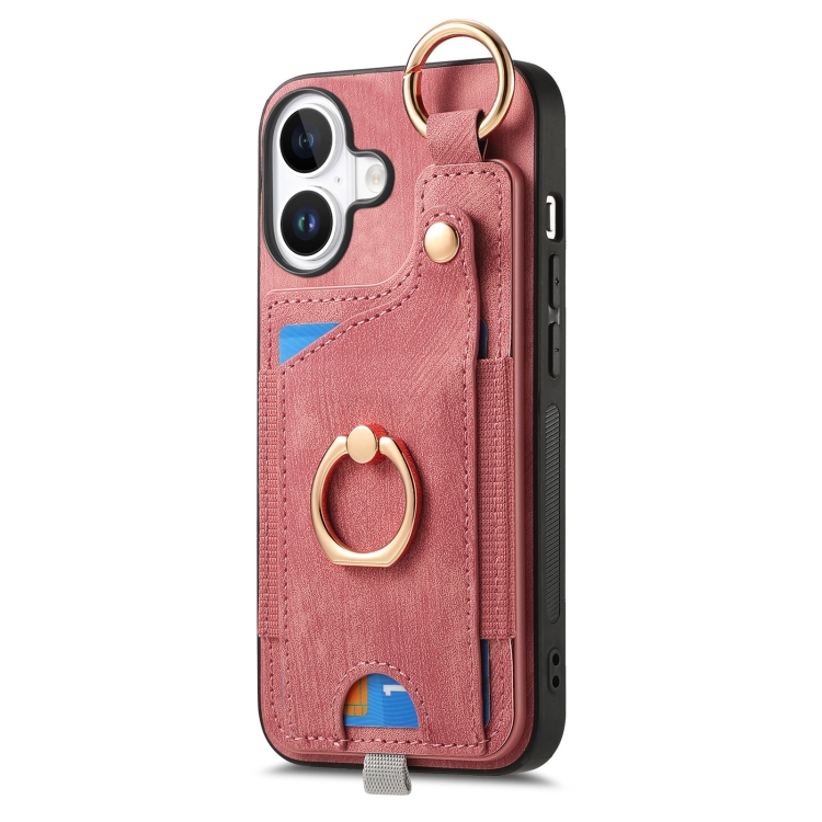 For iPhone 16 Plus Retro Skin-feel Ring Card Bag Phone Case with Hang Loop(Pink) For iPhone 16 Plus Retro Skin-feel Ring Card Bag Phone Case with Hang Loop(Pink)