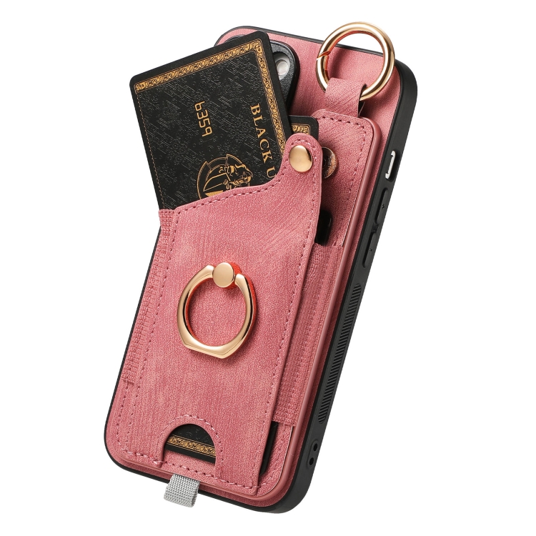 For iPhone 16 Plus Retro Skin-feel Ring Card Bag Phone Case with Hang Loop(Pink) For iPhone 16 Plus Retro Skin-feel Ring Card Bag Phone Case with Hang Loop(Pink)