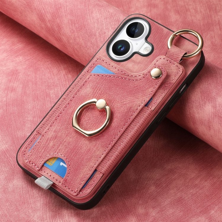 For iPhone 16 Plus Retro Skin-feel Ring Card Bag Phone Case with Hang Loop(Pink) For iPhone 16 Plus Retro Skin-feel Ring Card Bag Phone Case with Hang Loop(Pink)