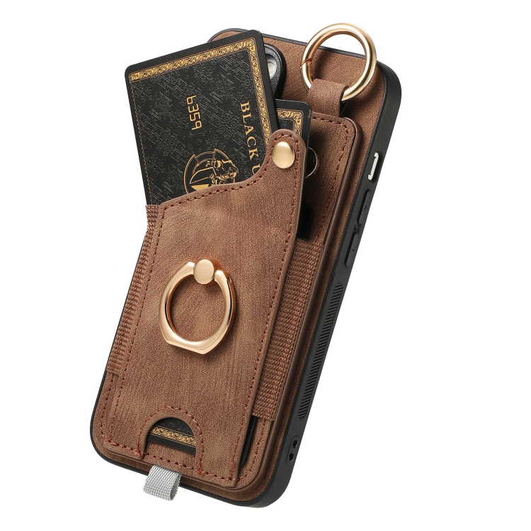 For iPhone 16 Pro Retro Skin-feel Ring Card Bag Phone Case with Hang Loop(Brown) For iPhone 16 Pro Retro Skin-feel Ring Card Bag Phone Case with Hang Loop(Brown)