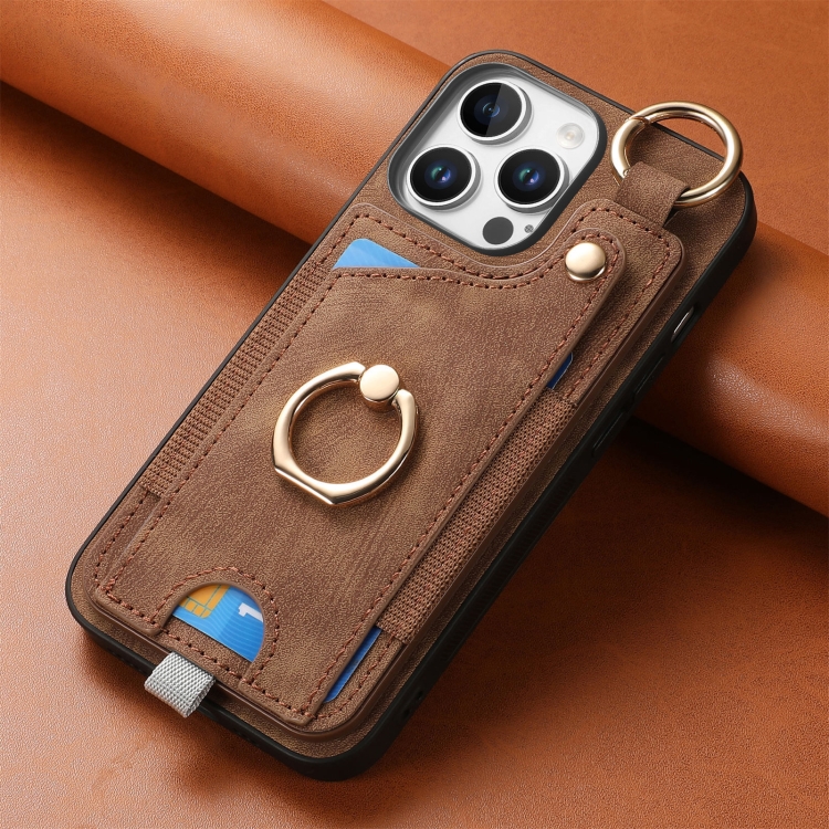 For iPhone 16 Pro Retro Skin-feel Ring Card Bag Phone Case with Hang Loop(Brown) For iPhone 16 Pro Retro Skin-feel Ring Card Bag Phone Case with Hang Loop(Brown)