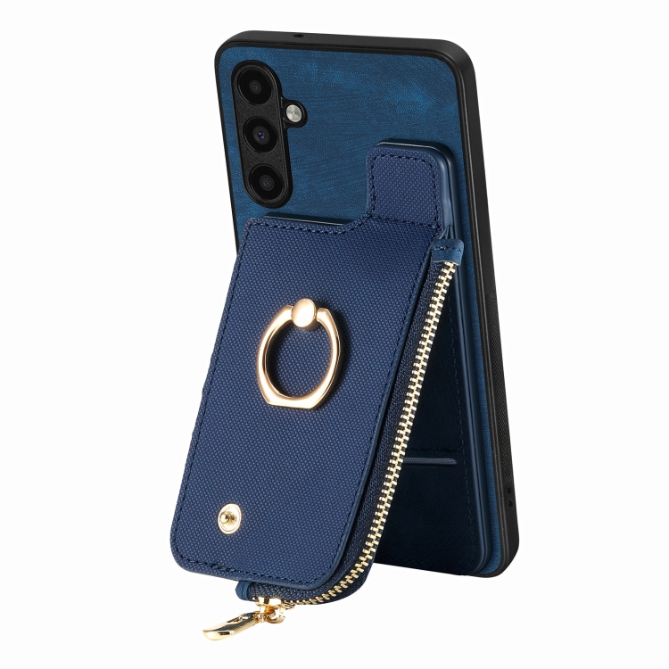 Für Samsung Galaxy S24 Ultra 5G Kreuzlederring Vertikaler Reißverschluss  Brieftasche Rückseite Handyhülle (Blau)
