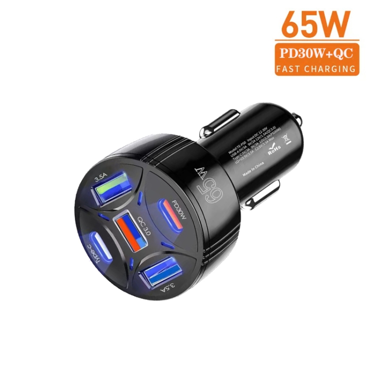 TE-P50 65W PD30W Type-C x 2 + USB x 3 Multi Port Car Charger(Black) TE-P50 65W PD30W Type-C x 2 + USB x 3 Multi Port Car Charger(Black)