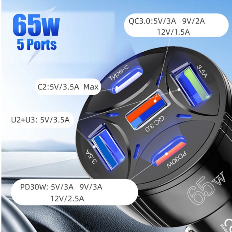 TE-P50 65W PD30W Type-C x 2 + USB x 3 Multi Port Car Charger(Black) TE-P50 65W PD30W Type-C x 2 + USB x 3 Multi Port Car Charger(Black)