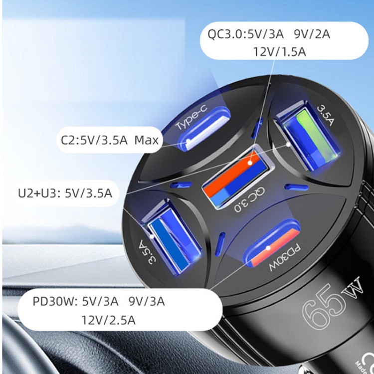 TE-P50 65W PD30W Type-C x 2 + USB x 3 Multi Port Car Charger(Black) TE-P50 65W PD30W Type-C x 2 + USB x 3 Multi Port Car Charger(Black)