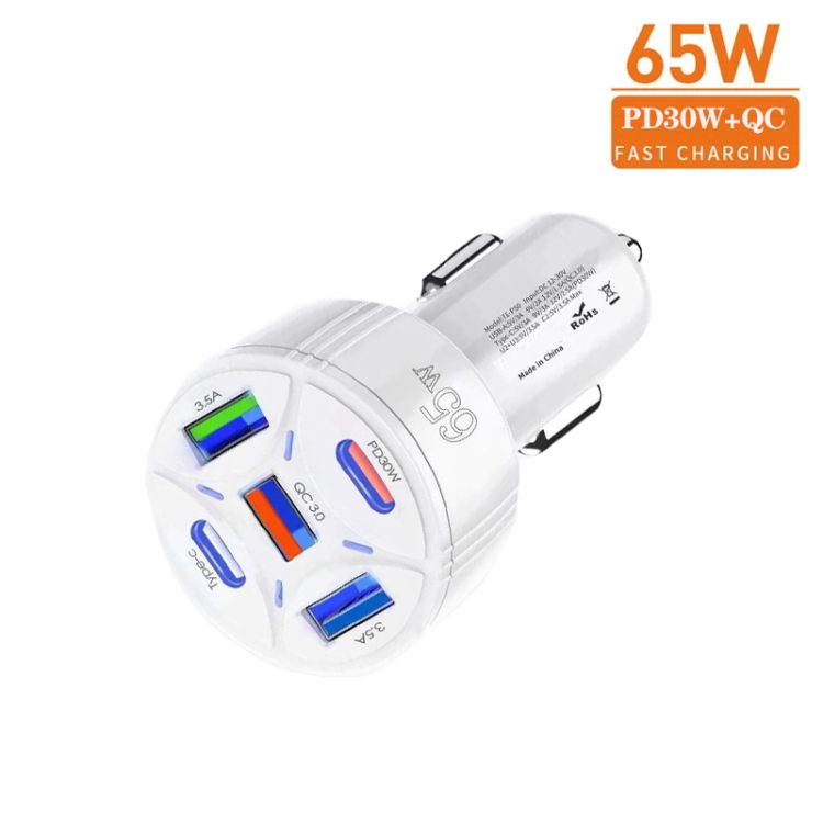 TE-P50 65W PD30W Type-C x 2 + USB x 3 Multi Port Car Charger with 1m Type-C to Type-C Data Cable(White) TE-P50 65W PD30W Type-C x 2 + USB x 3 Multi Port Car Charger with 1m Type-C to Type-C Data Cable(White)