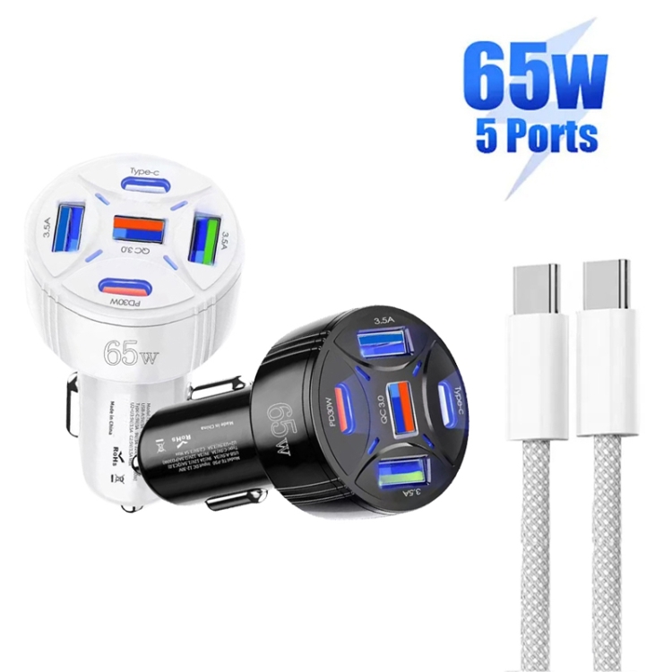 TE-P50 65W PD30W Type-C x 2 + USB x 3 Multi Port Car Charger with 1m Type-C to Type-C Data Cable(White) TE-P50 65W PD30W Type-C x 2 + USB x 3 Multi Port Car Charger with 1m Type-C to Type-C Data Cable(White)