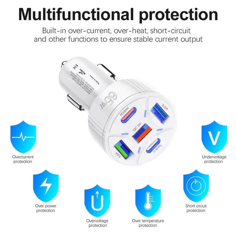 TE-P50 65W PD30W Type-C x 2 + USB x 3 Multi Port Car Charger with 1m Type-C to Type-C Data Cable(White) TE-P50 65W PD30W Type-C x 2 + USB x 3 Multi Port Car Charger with 1m Type-C to Type-C Data Cable(White)