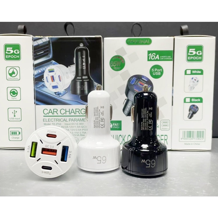TE-P50 65W PD30W Type-C x 2 + USB x 3 Multi Port Car Charger with 1m Type-C to Type-C Data Cable(White) TE-P50 65W PD30W Type-C x 2 + USB x 3 Multi Port Car Charger with 1m Type-C to Type-C Data Cable(White)