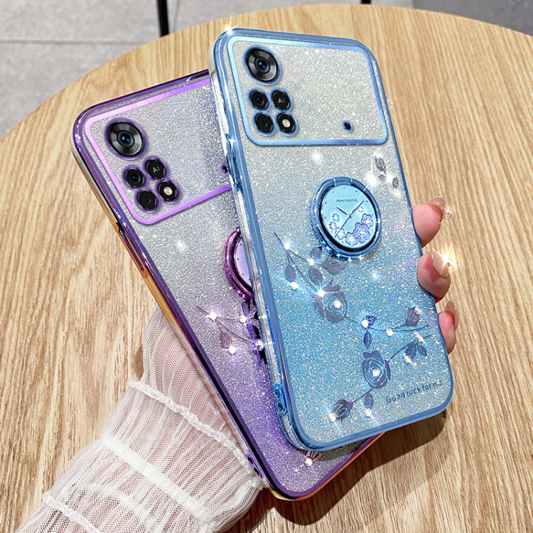 Cover Per Xiaomi Poco X4 Pro 5G + 2 Vetri Temperati - Custodia Trasparente TPU Morbida Con Angoli Rinforzati (Viola/Blu) - 2