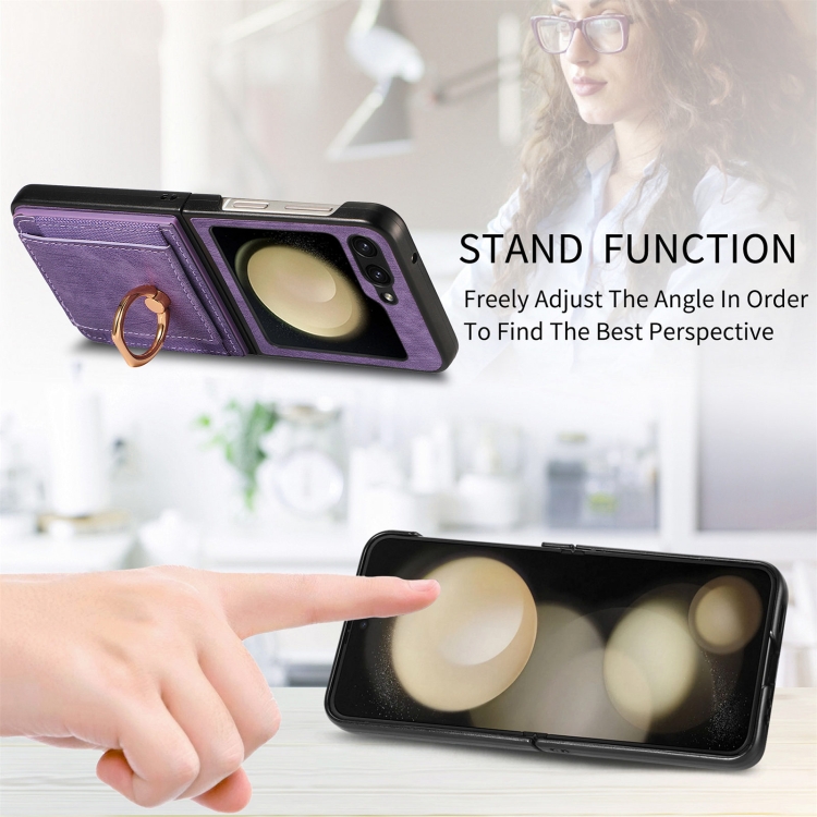 For Samsung Galaxy Z Flip6 5G Retro Skin-feel Ring Multi-card Wallet Phone Case(Purple) For Samsung Galaxy Z Flip6 5G Retro Skin-feel Ring Multi-card Wallet Phone Case(Purple)