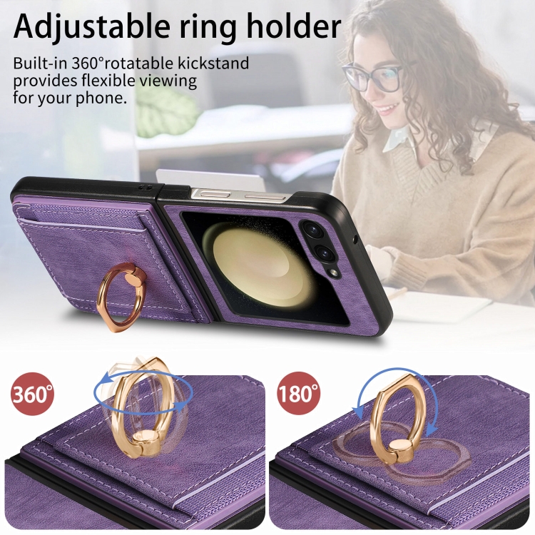 For Samsung Galaxy Z Flip6 5G Retro Skin-feel Ring Multi-card Wallet Phone Case(Purple) For Samsung Galaxy Z Flip6 5G Retro Skin-feel Ring Multi-card Wallet Phone Case(Purple)
