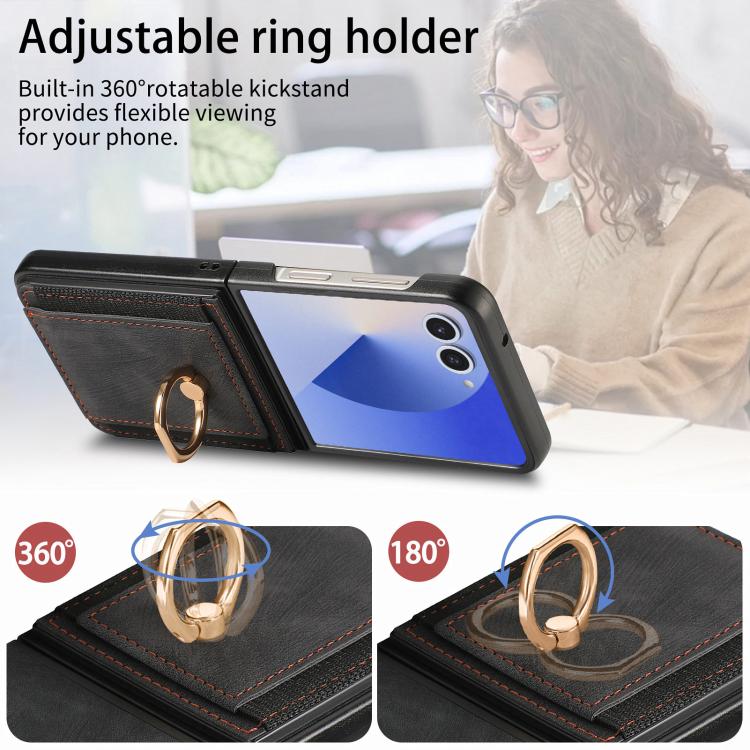 For Galaxy Z Flip7 5G Retro Skin-feel Ring Card Bag Phone Case(Black)