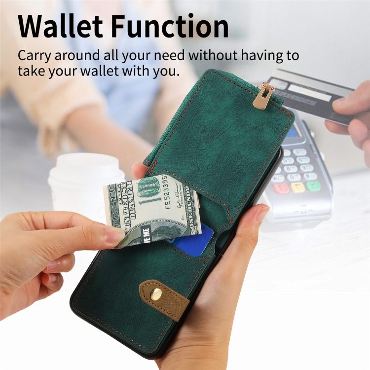 For Samsung Galaxy Z Flip5 5G Retro Skin-feel Ring Zipper Wallet Phone Case(Green)