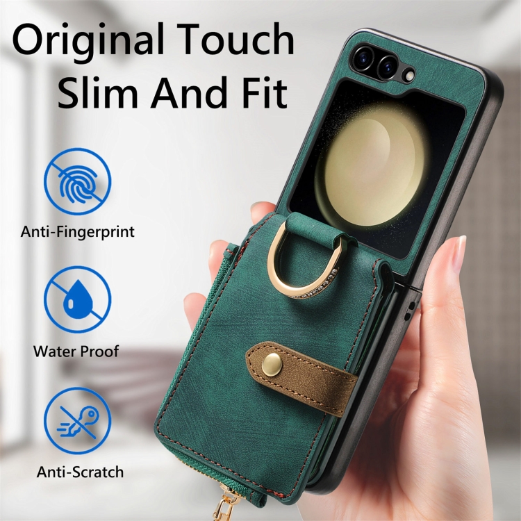 For Samsung Galaxy Z Flip5 5G Retro Skin-feel Ring Zipper Wallet Phone Case(Green)