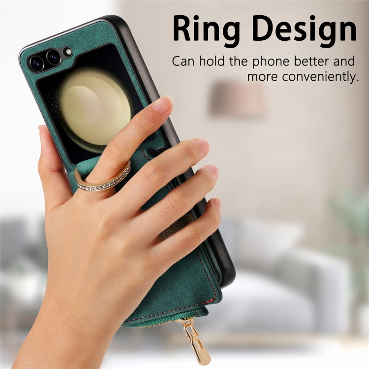 For Samsung Galaxy Z Flip5 5G Retro Skin-feel Ring Zipper Wallet Phone Case(Green)