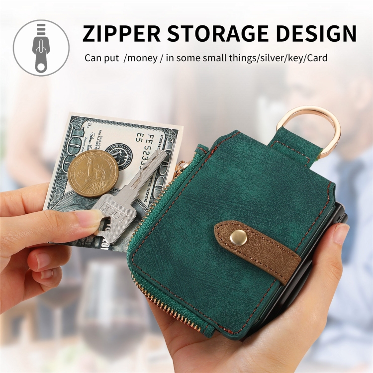 For Samsung Galaxy Z Flip5 5G Retro Skin-feel Ring Zipper Wallet Phone Case(Green)