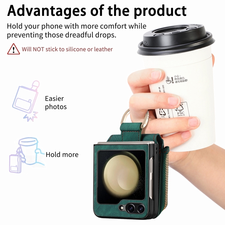 For Samsung Galaxy Z Flip5 5G Retro Skin-feel Ring Zipper Wallet Phone Case(Green)