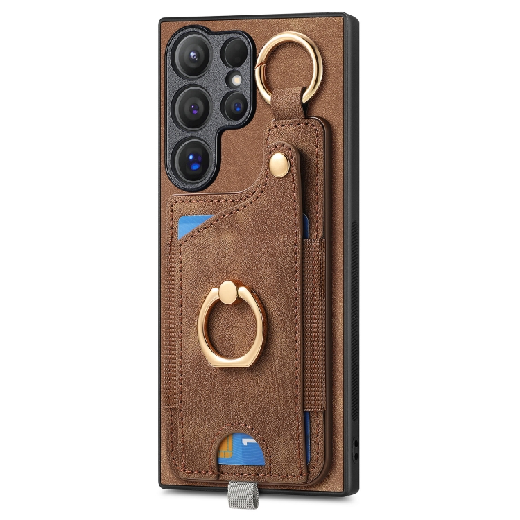 For Samsung Galaxy S21 5G Retro Skin-feel Ring Card Bag Phone Case with Hang Loop(Brown)