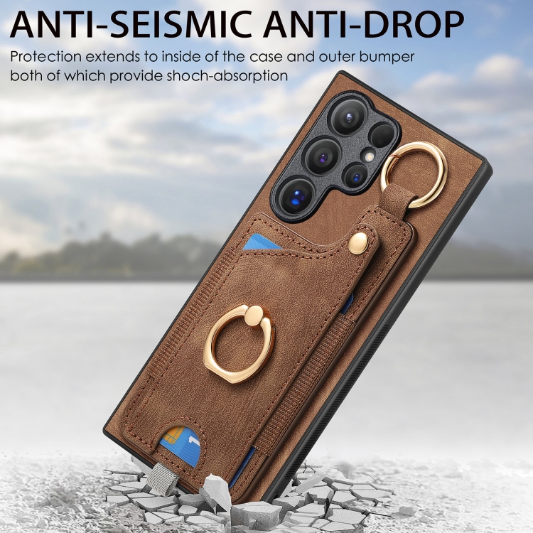 For Samsung Galaxy S21 5G Retro Skin-feel Ring Card Bag Phone Case with Hang Loop(Brown)