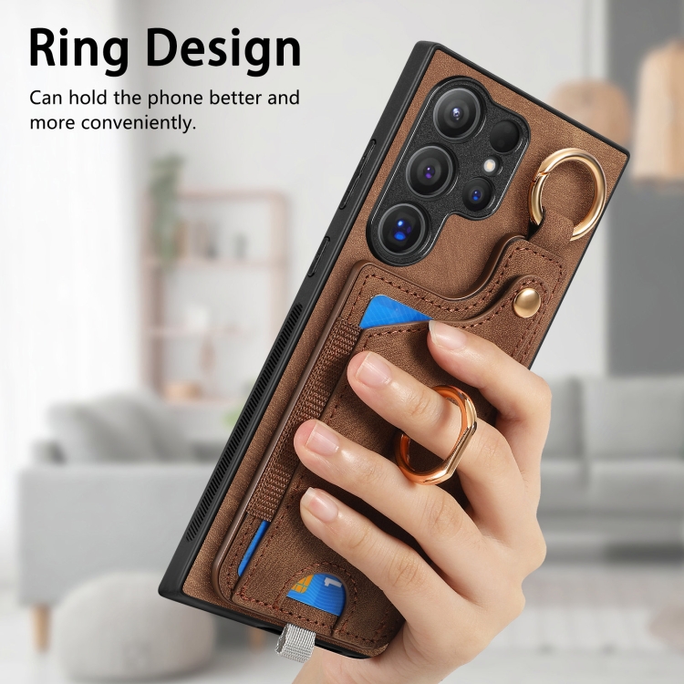 For Samsung Galaxy S21 5G Retro Skin-feel Ring Card Bag Phone Case with Hang Loop(Brown)