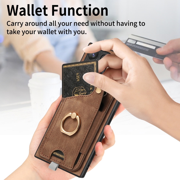 For Samsung Galaxy S21 5G Retro Skin-feel Ring Card Bag Phone Case with Hang Loop(Brown)