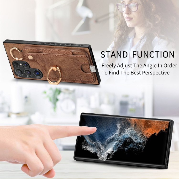 For Samsung Galaxy S21 5G Retro Skin-feel Ring Card Bag Phone Case with Hang Loop(Brown)