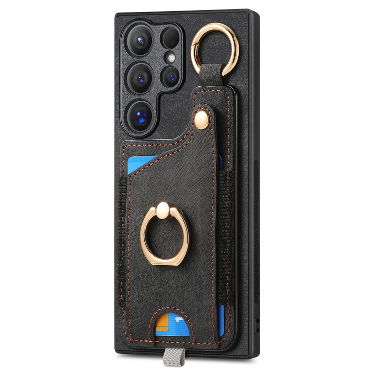 For Samsung Galaxy S22 Ultra 5G Retro Skin-feel Ring Card Bag Phone Case with Hang Loop(Black) For Samsung Galaxy S22 Ultra 5G Retro Skin-feel Ring Card Bag Phone Case with Hang Loop(Black)