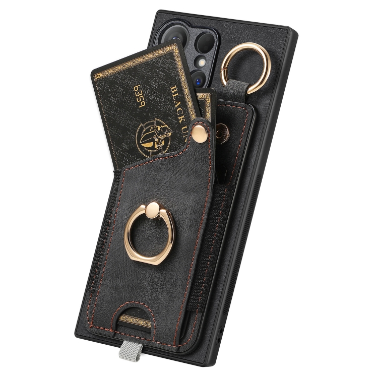 For Samsung Galaxy S22 Ultra 5G Retro Skin-feel Ring Card Bag Phone Case with Hang Loop(Black) For Samsung Galaxy S22 Ultra 5G Retro Skin-feel Ring Card Bag Phone Case with Hang Loop(Black)