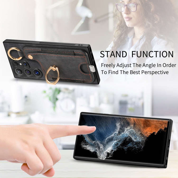 For Samsung Galaxy S22 Ultra 5G Retro Skin-feel Ring Card Bag Phone Case with Hang Loop(Black) For Samsung Galaxy S22 Ultra 5G Retro Skin-feel Ring Card Bag Phone Case with Hang Loop(Black)