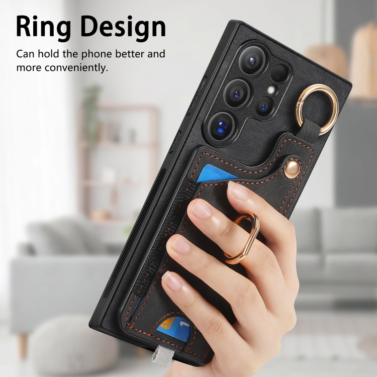 For Samsung Galaxy S23+ 5G Retro Skin-feel Ring Card Bag Phone Case with Hang Loop(Black) For Samsung Galaxy S23+ 5G Retro Skin-feel Ring Card Bag Phone Case with Hang Loop(Black)