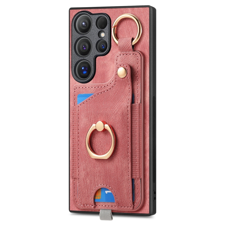 For Samsung Galaxy S24 Ultra 5G Retro Skin-feel Ring Card Bag Phone Case with Hang Loop(Pink) For Samsung Galaxy S24 Ultra 5G Retro Skin-feel Ring Card Bag Phone Case with Hang Loop(Pink)