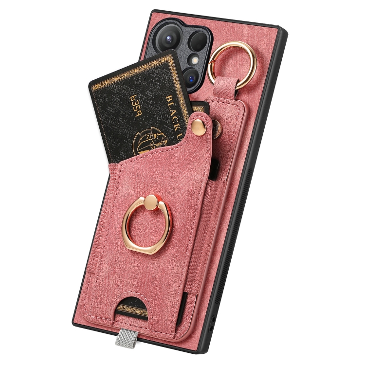 For Samsung Galaxy S24 Ultra 5G Retro Skin-feel Ring Card Bag Phone Case with Hang Loop(Pink) For Samsung Galaxy S24 Ultra 5G Retro Skin-feel Ring Card Bag Phone Case with Hang Loop(Pink)