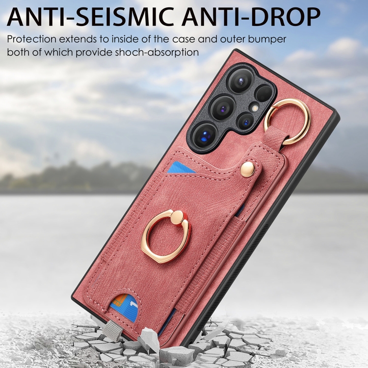 For Samsung Galaxy S24 Ultra 5G Retro Skin-feel Ring Card Bag Phone Case with Hang Loop(Pink) For Samsung Galaxy S24 Ultra 5G Retro Skin-feel Ring Card Bag Phone Case with Hang Loop(Pink)