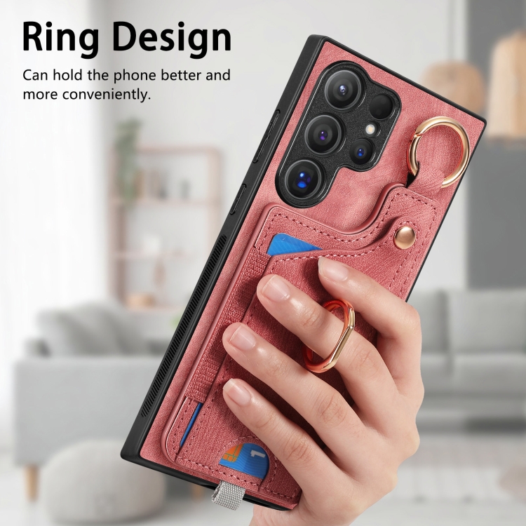 For Samsung Galaxy S24 Ultra 5G Retro Skin-feel Ring Card Bag Phone Case with Hang Loop(Pink) For Samsung Galaxy S24 Ultra 5G Retro Skin-feel Ring Card Bag Phone Case with Hang Loop(Pink)