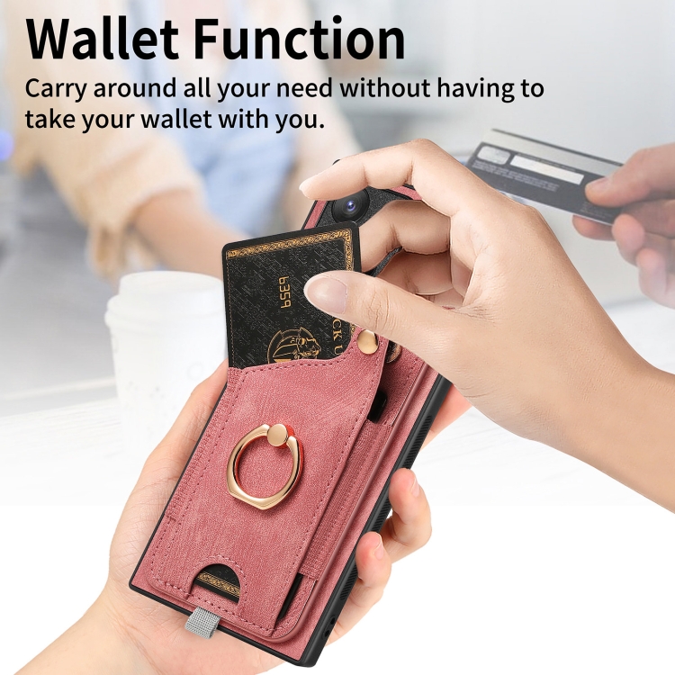 For Samsung Galaxy S24 Ultra 5G Retro Skin-feel Ring Card Bag Phone Case with Hang Loop(Pink) For Samsung Galaxy S24 Ultra 5G Retro Skin-feel Ring Card Bag Phone Case with Hang Loop(Pink)