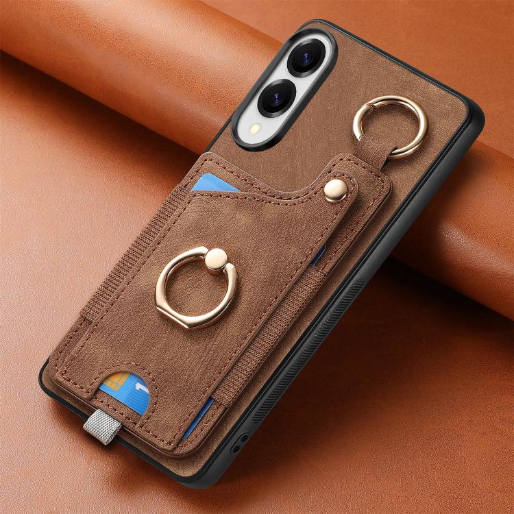 For Samsung Galaxy S25 Edge 5G Retro Skin-feel Ring Card Bag Phone Case with Hang Loop(Brown)
