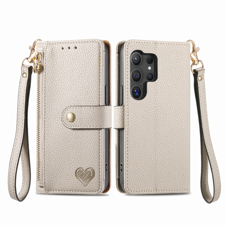 For Samsung Galaxy S24 Ultra 5G Love Zipper Lanyard Leather Phone Case(Gray) For Samsung Galaxy S24 Ultra 5G Love Zipper Lanyard Leather Phone Case(Gray)