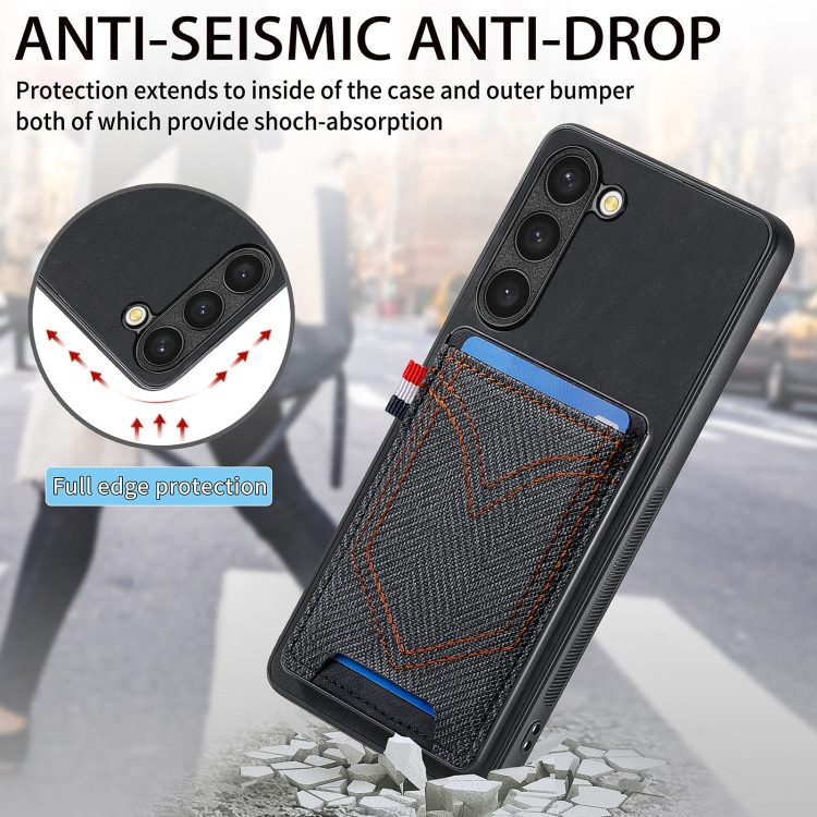 For Samsung Galaxy S25 5G Denim Texture Leather Skin Phone Case with Card Slot(Black) For Samsung Galaxy S25 5G Denim Texture Leather Skin Phone Case with Card Slot(Black)
