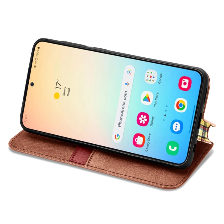 For Samsung Galaxy S25 5G Cubic Grid Pressed Magnetic Leather Phone Case(Brown) For Samsung Galaxy S25 5G Cubic Grid Pressed Magnetic Leather Phone Case(Brown)