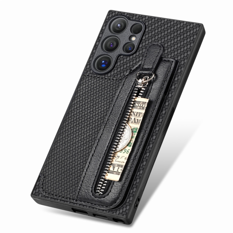For Samsung Galaxy S24 Ultra 5G Carbon Fiber Horizontal Flip Zipper Wallet Phone Case(Black)