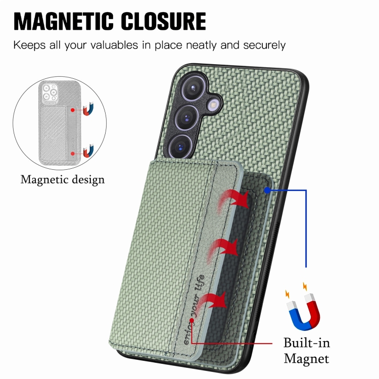 For Samsung Galaxy S24 5G Carbon Fiber Magnetic Card Wallet RFID Blocking Phone Case(Green) For Samsung Galaxy S24 5G Carbon Fiber Magnetic Card Wallet RFID Blocking Phone Case(Green)