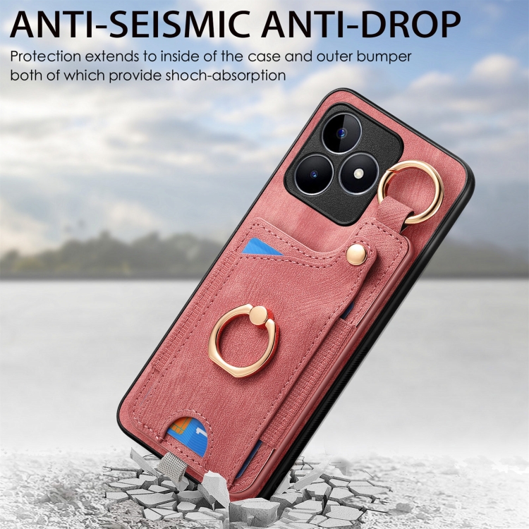 Per Realme C53 Custodia per telefono con sacchetto per carte ad anello  retro skin-feel con anello per appendere (rosa)