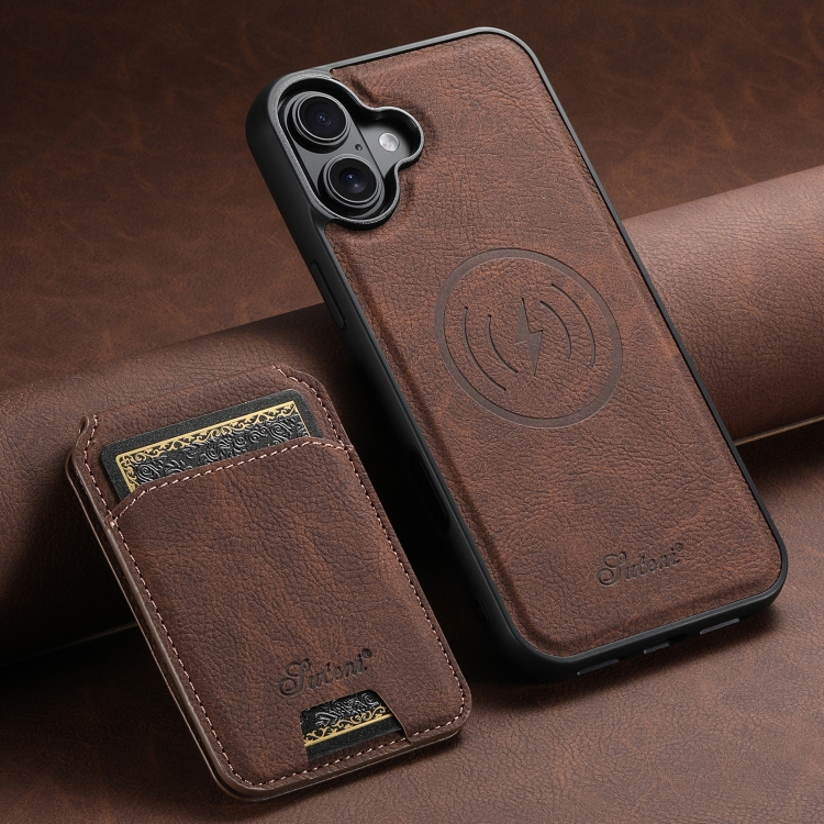 For iPhone 16 Plus Suteni H16 Litchi Texture Leather Detachable Wallet Back Phone Case(Brown) For iPhone 16 Plus Suteni H16 Litchi Texture Leather Detachable Wallet Back Phone Case(Brown)