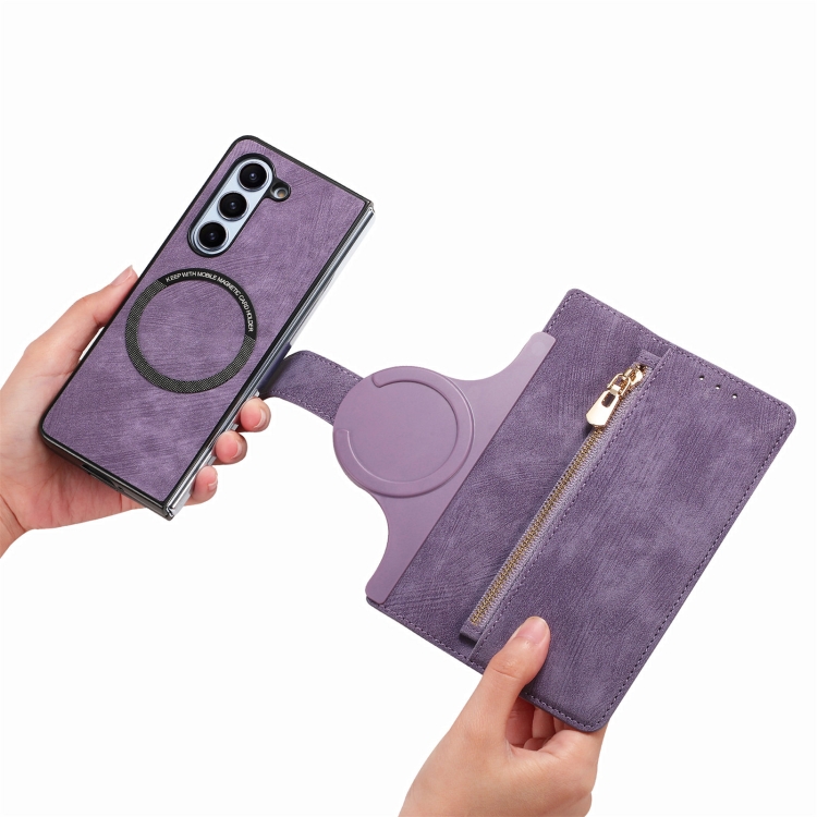 For Samsung Galaxy Z Fold5 5G Retro MagSafe Magnetic Zipper Wallet Leather Phone Case(Purple) For Samsung Galaxy Z Fold5 5G Retro MagSafe Magnetic Zipper Wallet Leather Phone Case(Purple)