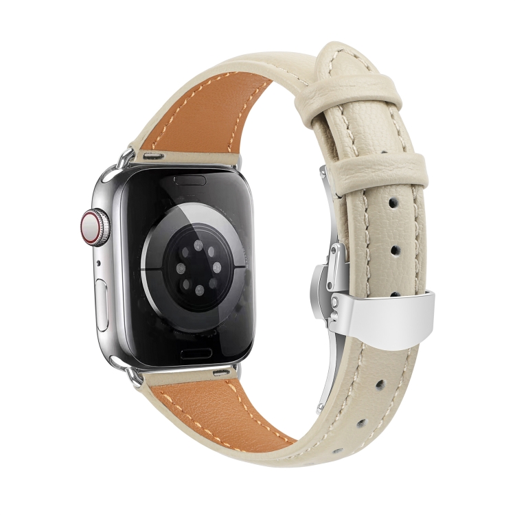 适用于Apple Watch Series 9 45mm 平纹车线蝴蝶扣皮手表带（米色+银扣）