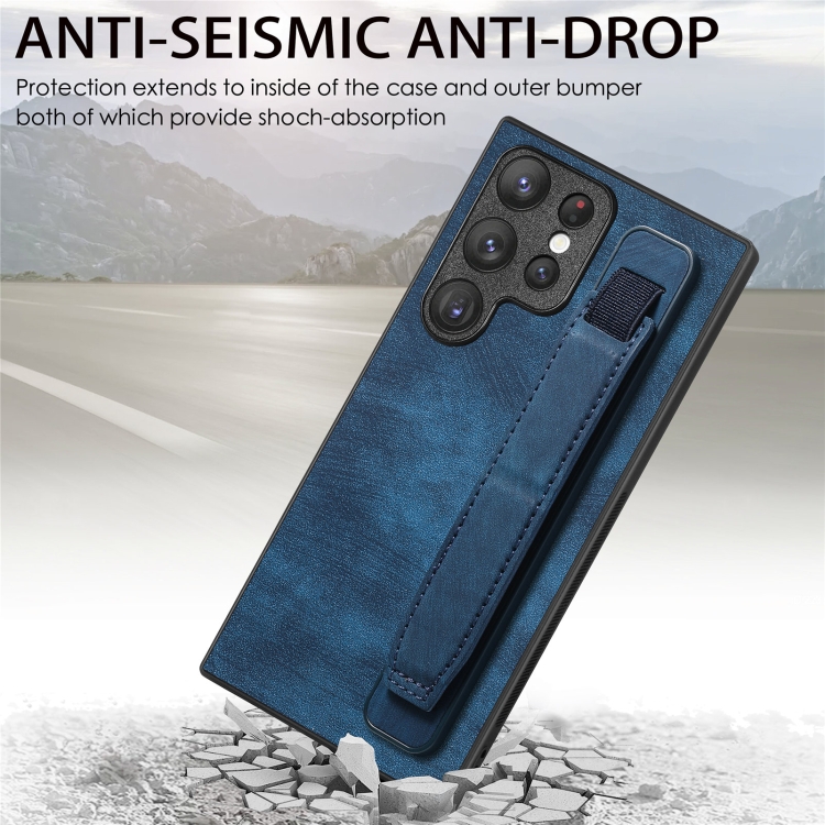 For Samsung Galaxy S23 Ultra 5G Retro Wristband Holder Leather Back Phone Case(Blue) For Samsung Galaxy S23 Ultra 5G Retro Wristband Holder Leather Back Phone Case(Blue)